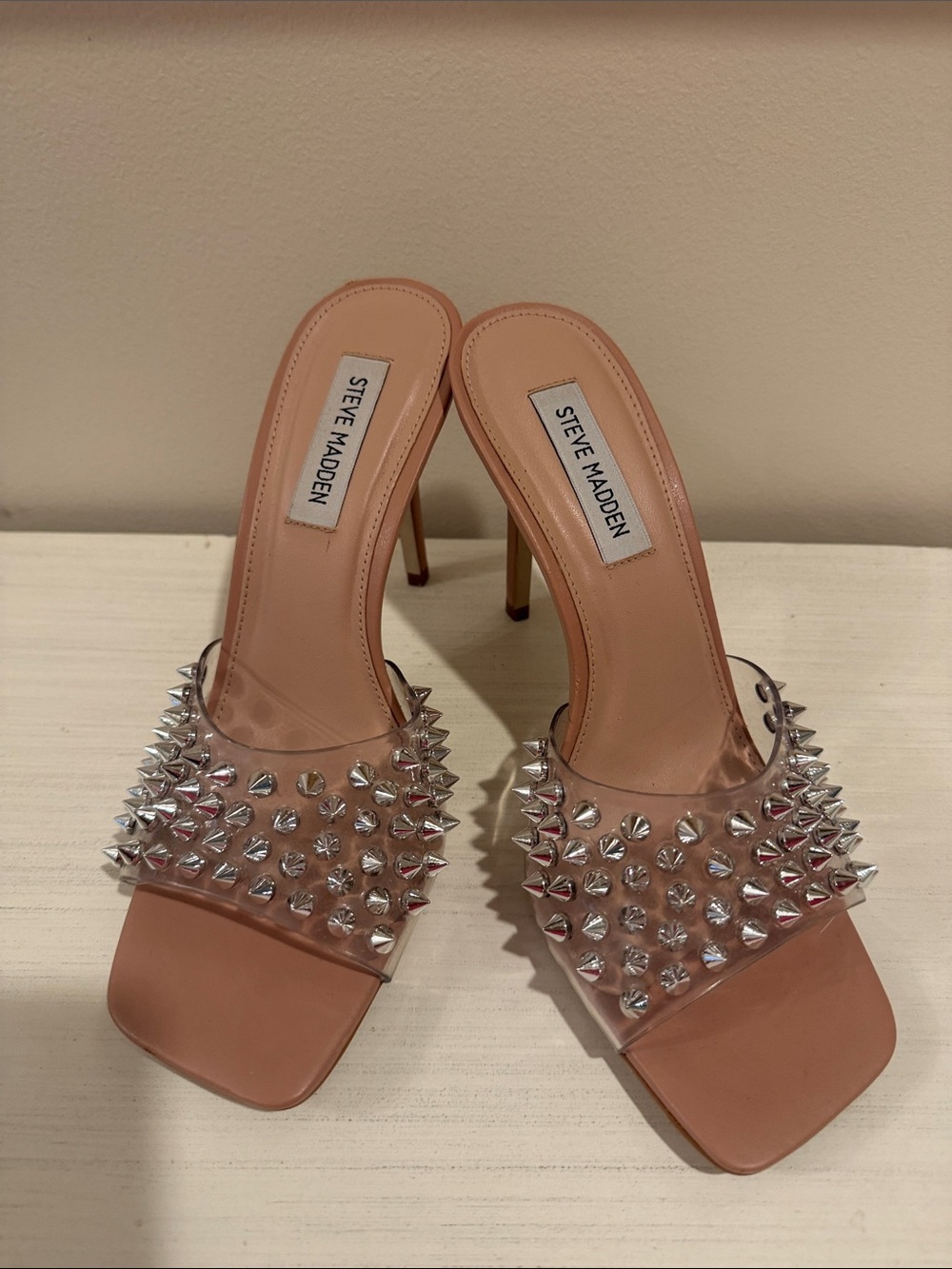 Steve Madden Pink Nude Clear Strap Spike-Heel Mules